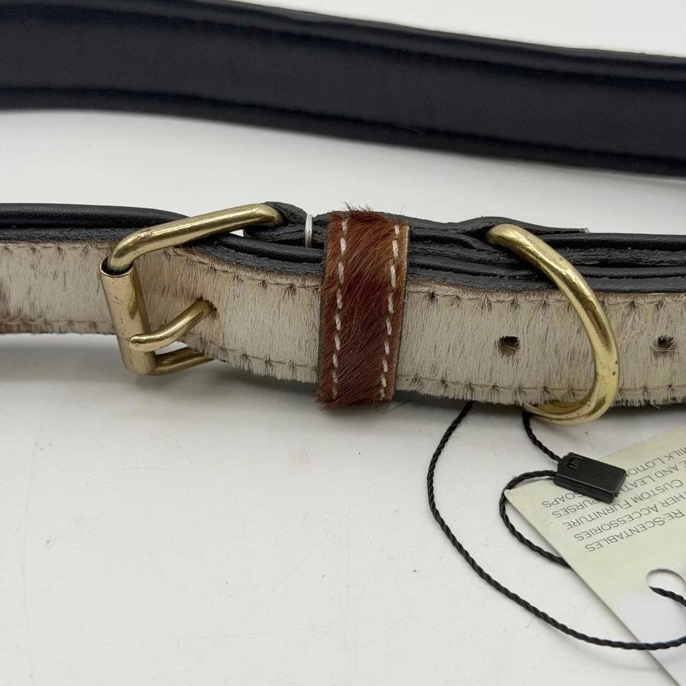 Myra Bag Hair-on-Hide Dog Collar Brown White Spotted Cowhide Bone Studs NEW XL